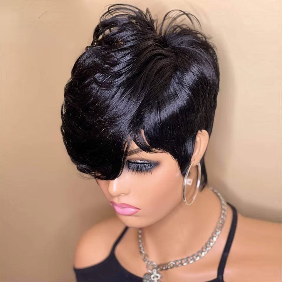 Perruques courtes Bob coupe lutin droite couleur naturelle Bob perruque avec frange brésilienne vierge Remy
