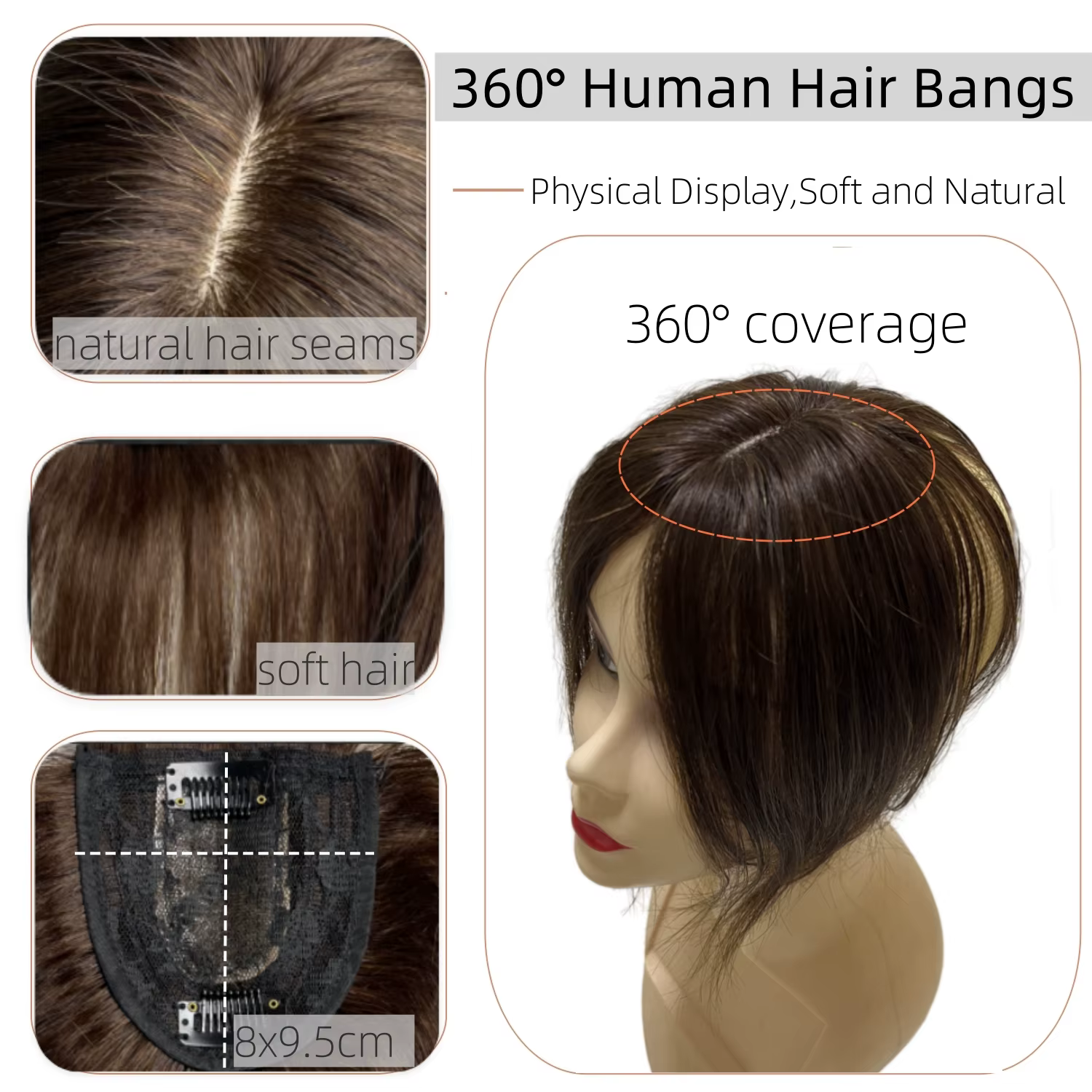25cm pince en cheveux humains naturels Topper pour femmes frange