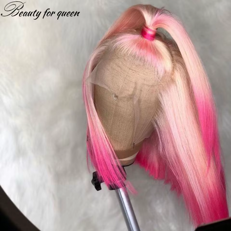 Perruque Bob Lace Front Wig naturelle lisse, cheveux blond miel 613 rose 13x4, perruque Bob courte ombrée de couleur rose, pre-plucked