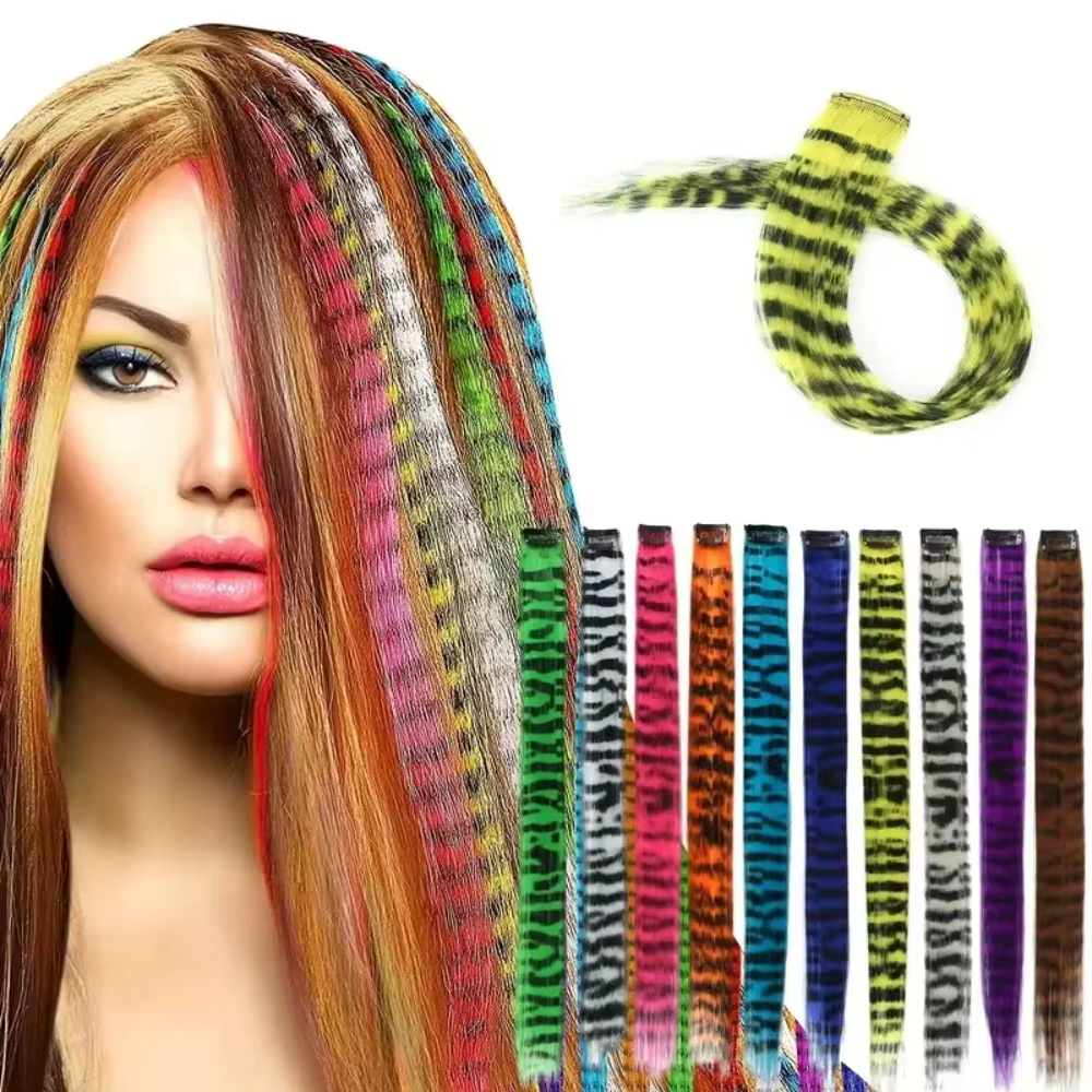 Extensions capillaires synthétiques colorées à clips imprimés à rayures