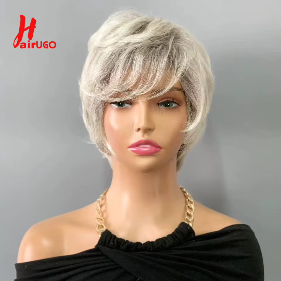 Hairugo-Perruques de cheveux humains sans colle avec frange