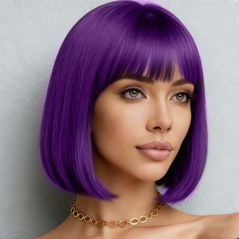 Perruque violette de 12 pouces avec frange
