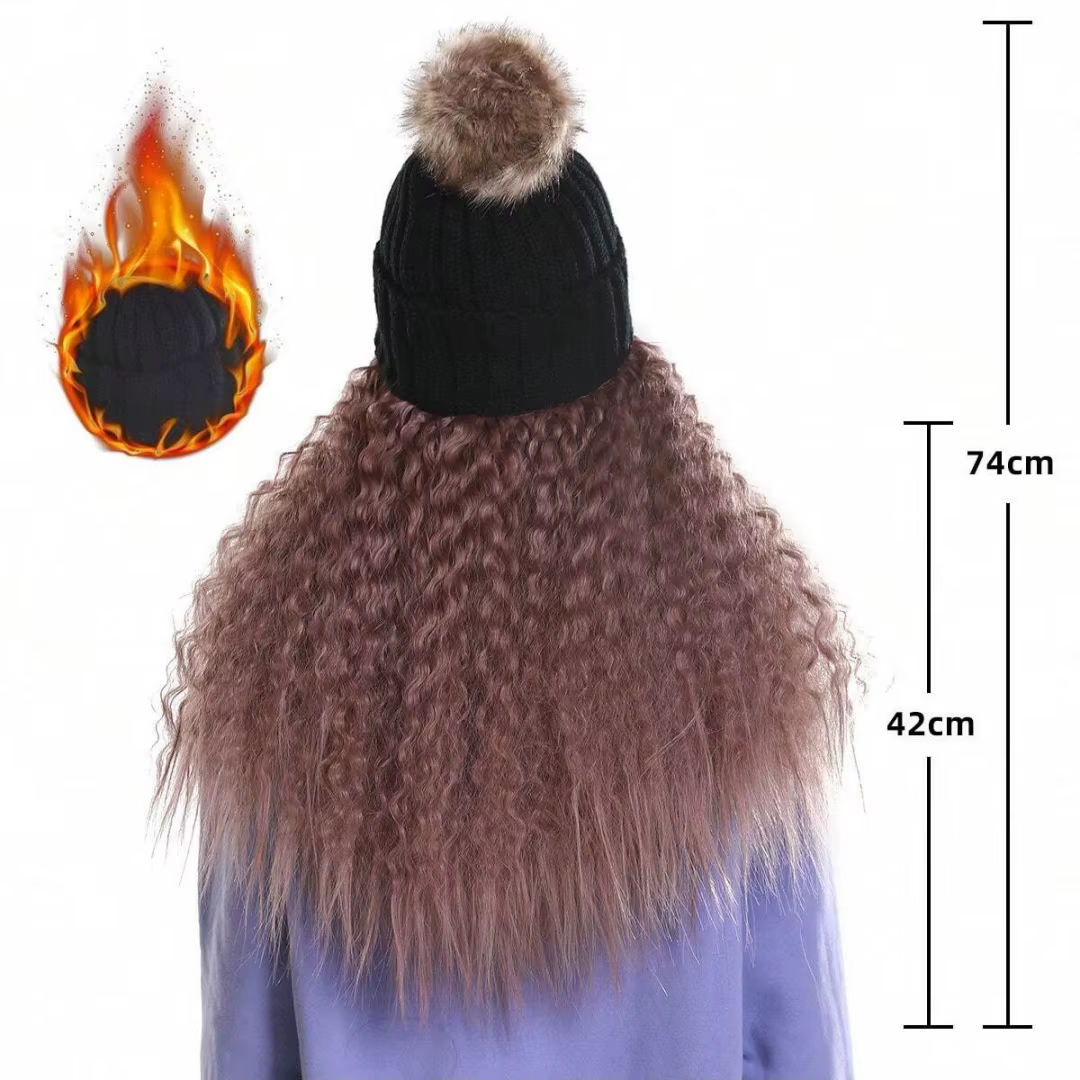 Bonnet sans visière avec extensions de cheveux longs bouclés ondulés