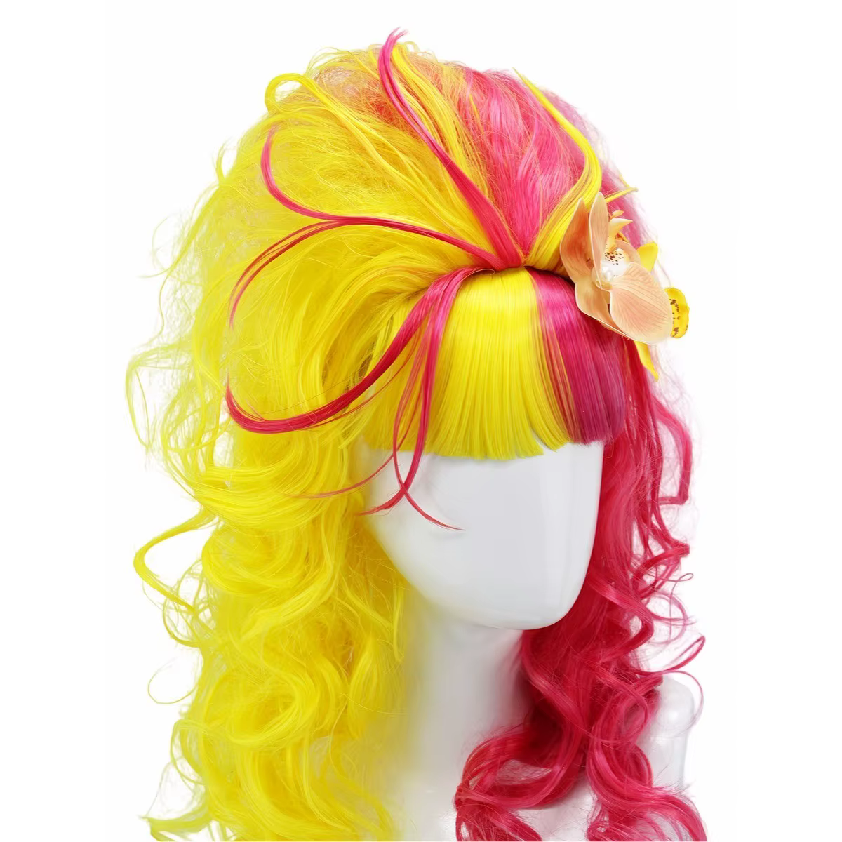 Perruque synthétique longue bouclée dégradée jaune rose double ton avec postiche florale