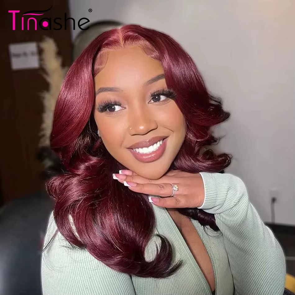 Tinashe 99J bordeaux couches vague lâche perruque sans colle 6 × 5 HD dentelle fermeture