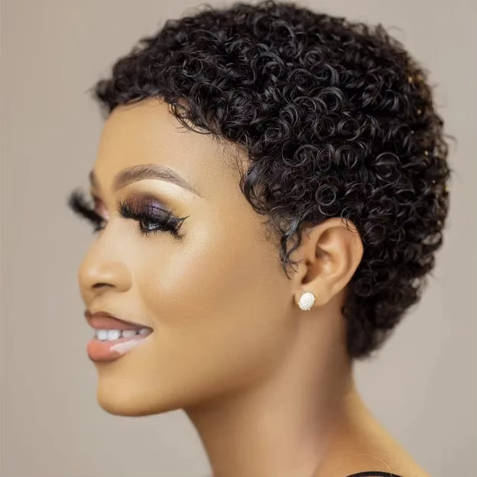 Perruques courtes afro bouclées crépues 100% cheveux humains pour femmes