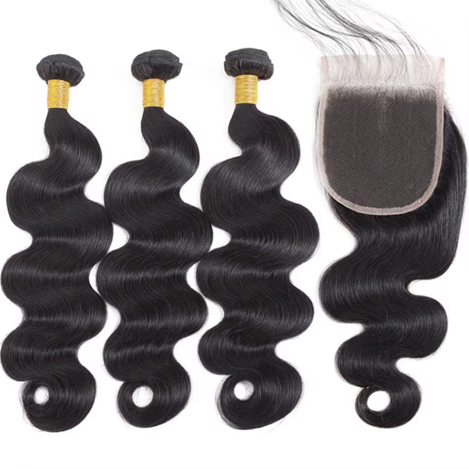Extensions de Cheveux Humains Brésiliens Ondulés (Body Wave) – 3 Paquets avec Fermeture en Dentelle Transparente 4x4 –