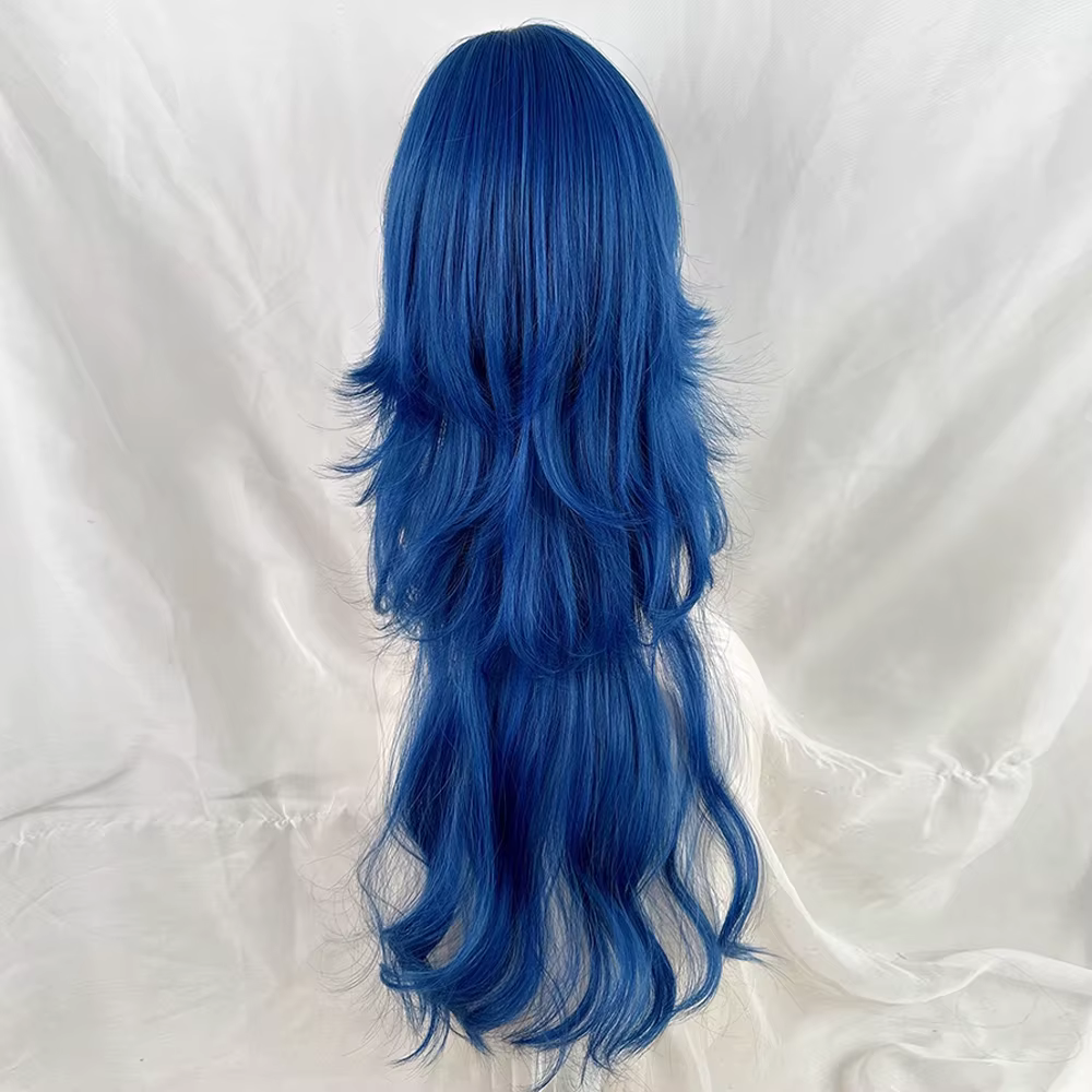 Perruque synthétique longue ondulée bleue avec tête de méduse