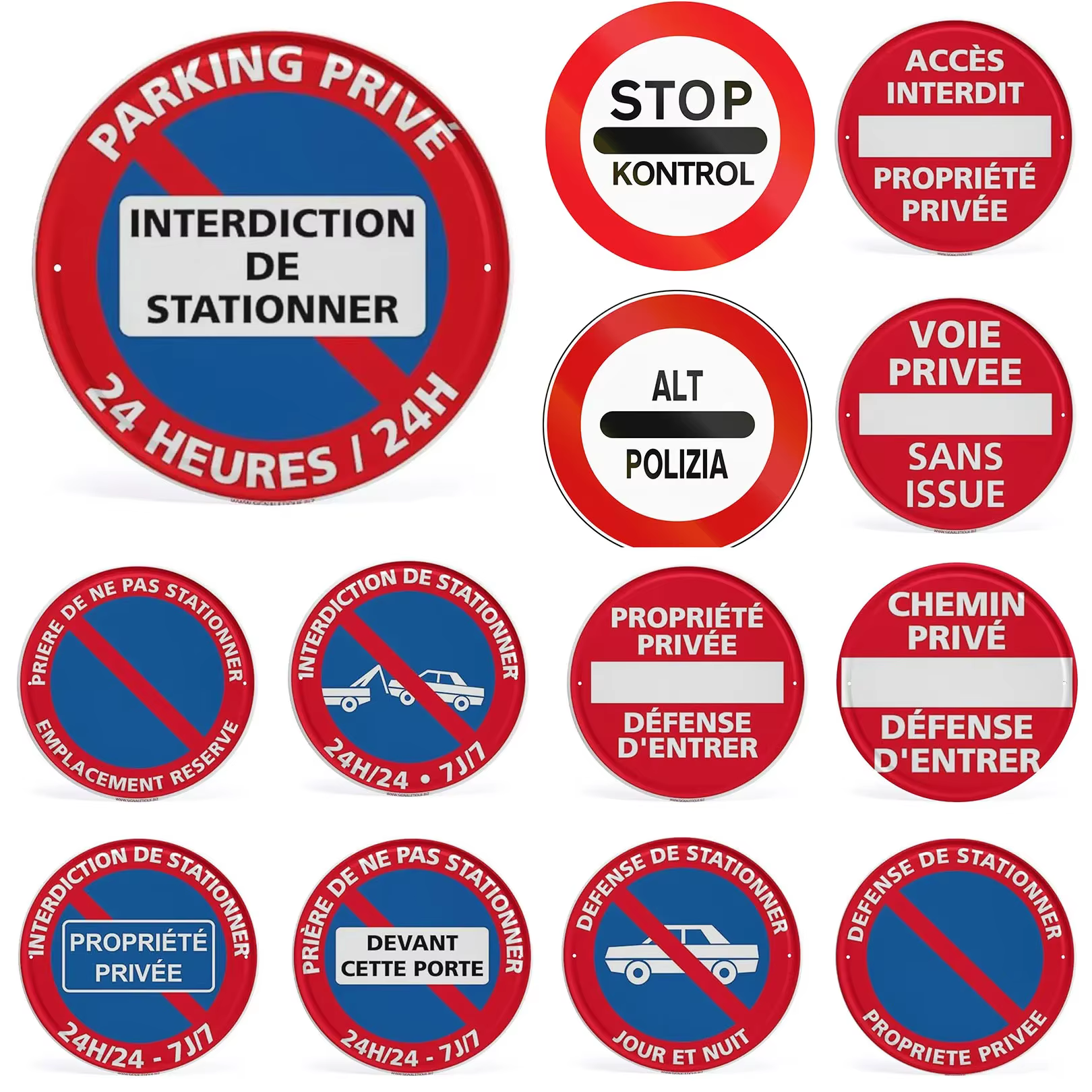 Ensemble de panneaux métalliques ronds en étain pour interdiction de stationnement et propriétés privées, style français et italien - "Parking Privé", "Interdiction de Stationner", "STOP K"