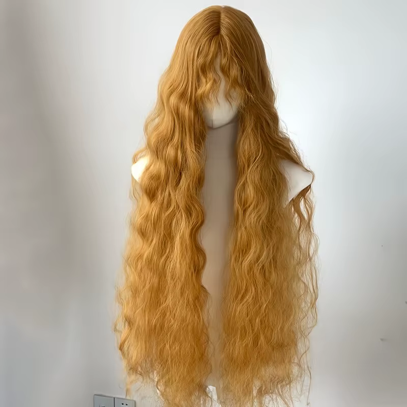 Perruque synthétique à mécanisme de rouleau de laine moelleuse jaune doré | Couverture de cheveux super longs Lolita