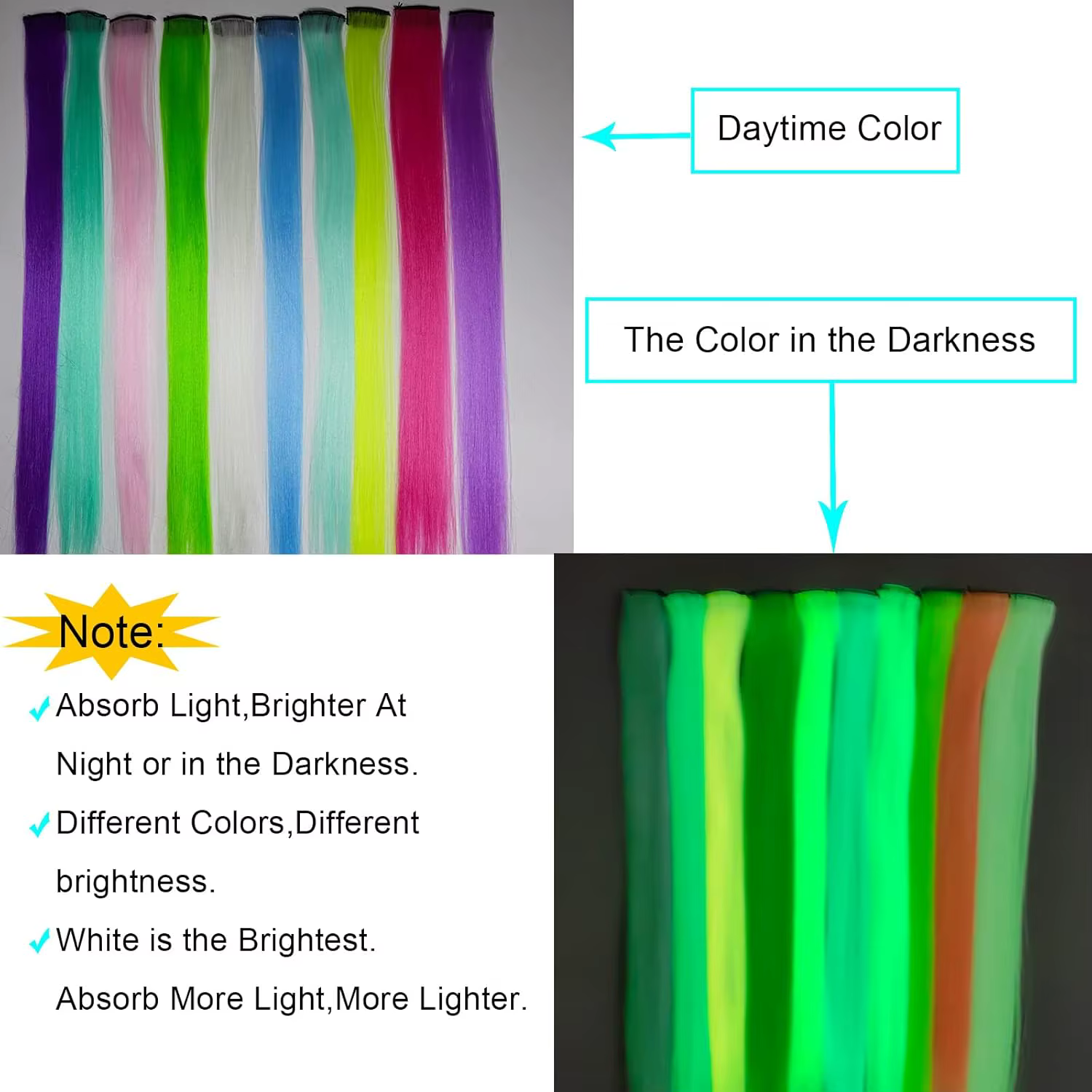 Extensions de cheveux synthétiques rose fluo qui brillent dans le noir