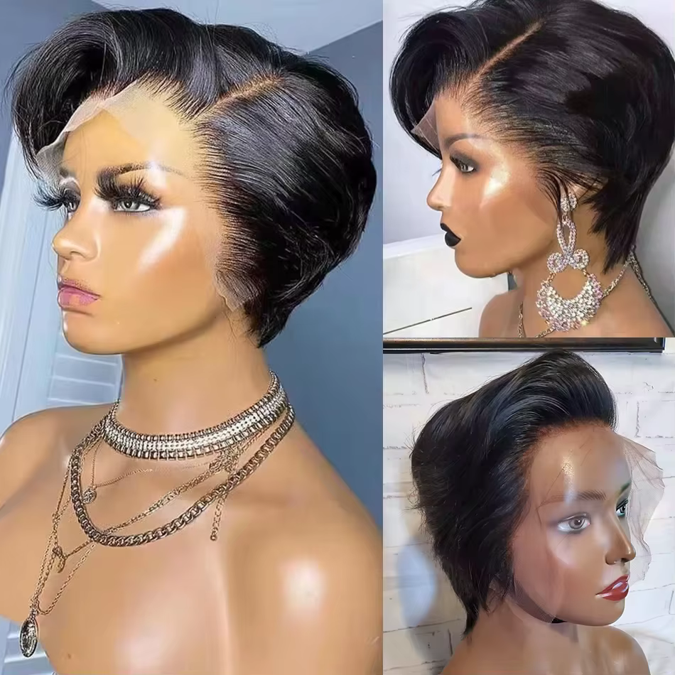 Perruques coupe lutin pour femmes noires cheveux humains 6 pouces