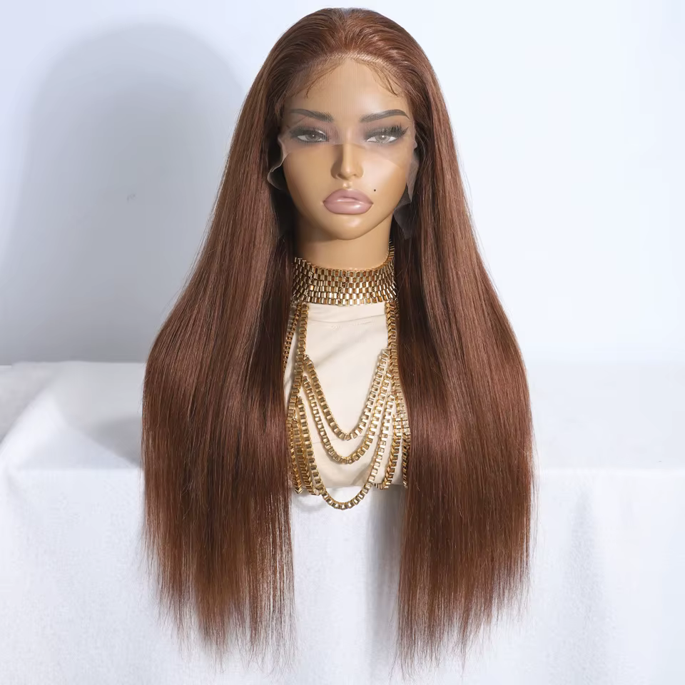Perruques Lekker 100% Cheveux Humains Sans Colle Marron 30" Longues Lisses 13x5 Lace Frontal Pour Femmes