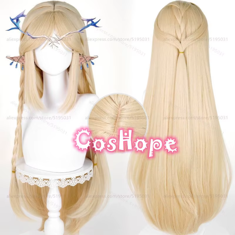 Cartethyia Cosplay perruque avec oreilles 90 cm de Long pré tressé lin doré