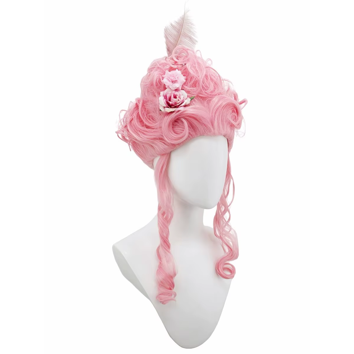 Perruque synthétique rose moelleuse de haute qualité | Coiffure de la reine avec des fleurs de plumes
