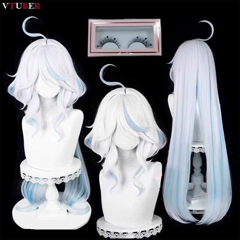 Perruque de cosplay Fontaine Focalors Furina, perruques longues de 100 cm, blanches et bleues, bouclées et ondulées, résistantes à la chaleur, pour cosplay d'anime + bonnet de perruque