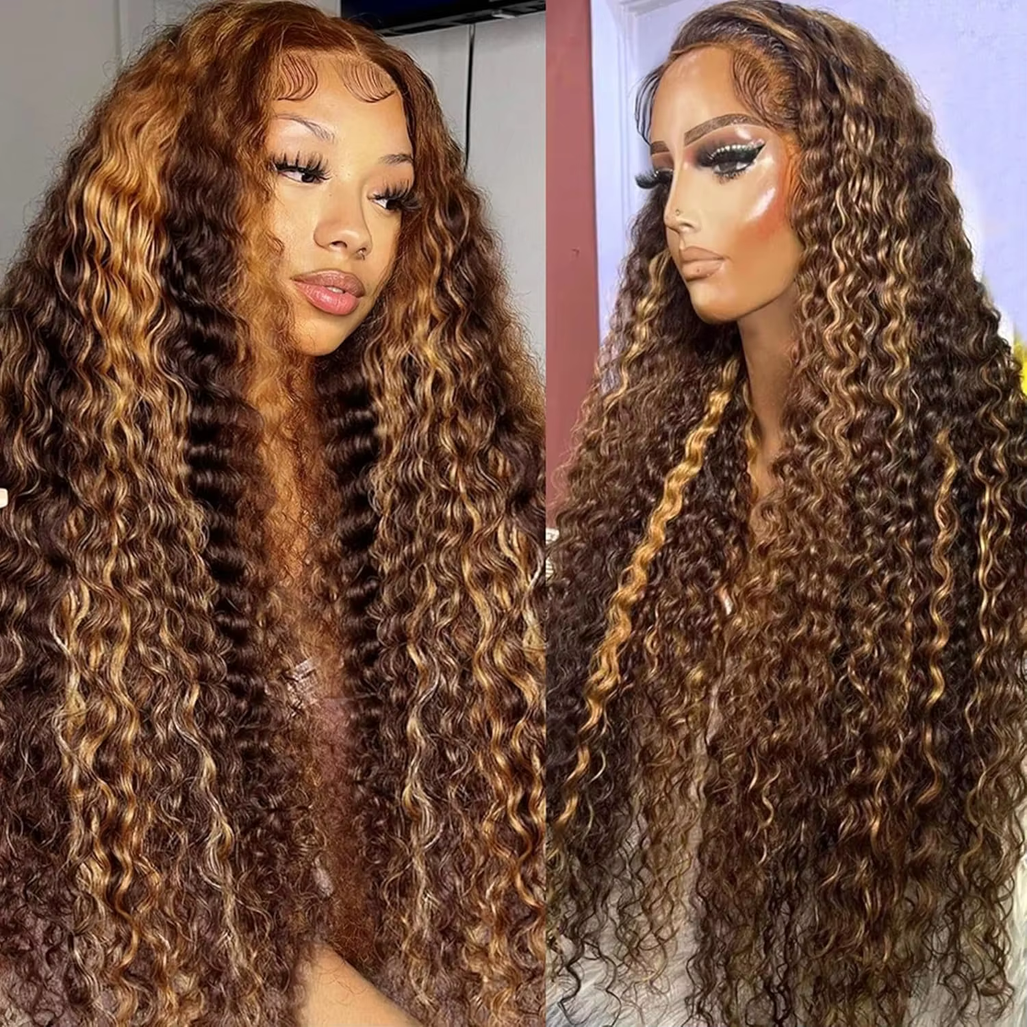 Perruques bouclées blond miel 13x6 sans colle perruque à reflets cheveux humains prêt à porter Ombre couleur