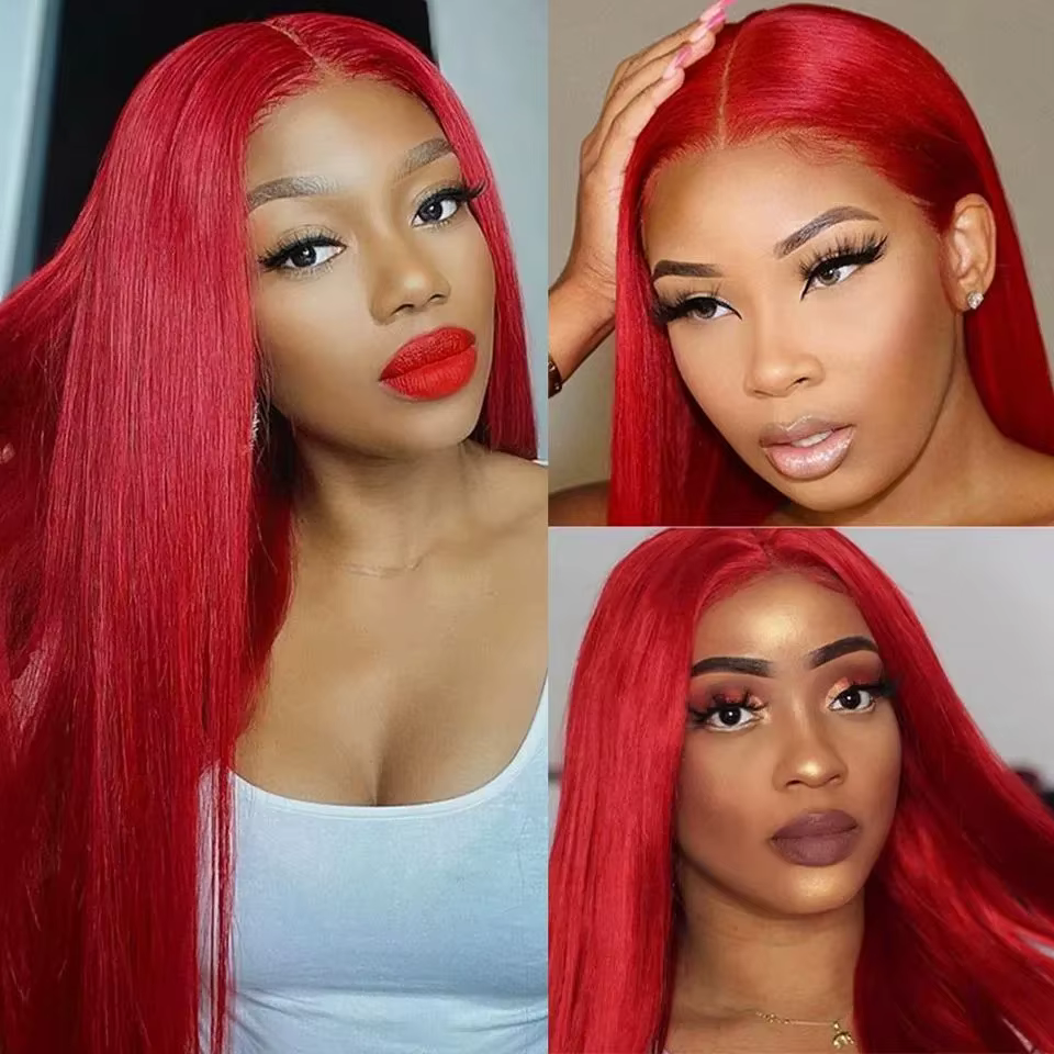 Perruque Lace Front Wig synthétique lisse et longue en soie rouge