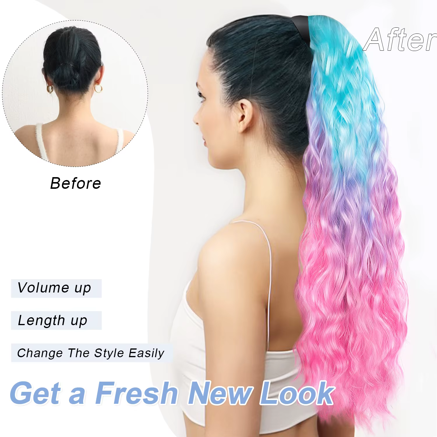 Extensions de queue de cheval colorées synthétiques bleu violet rose Ombre couleur vague d'eau