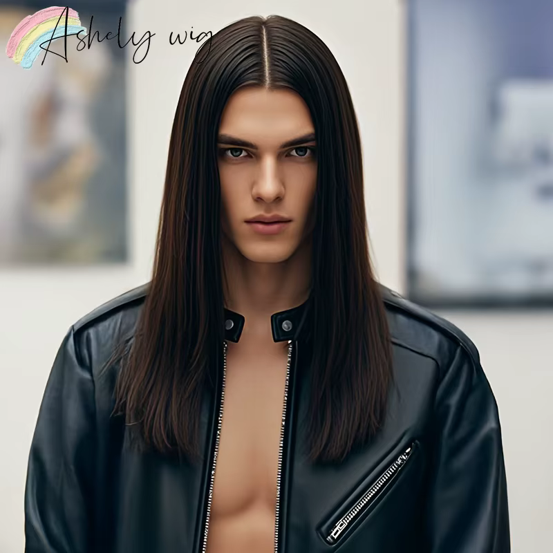 Perruque synthétique longue et lisse noire pour hommes