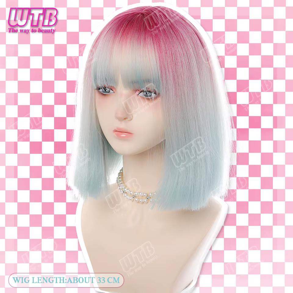 WTB Perruque synthétique Lolita dégradée avec frange droite, adaptée aux femmes et aux filles, pour les fêtes et le cosplay