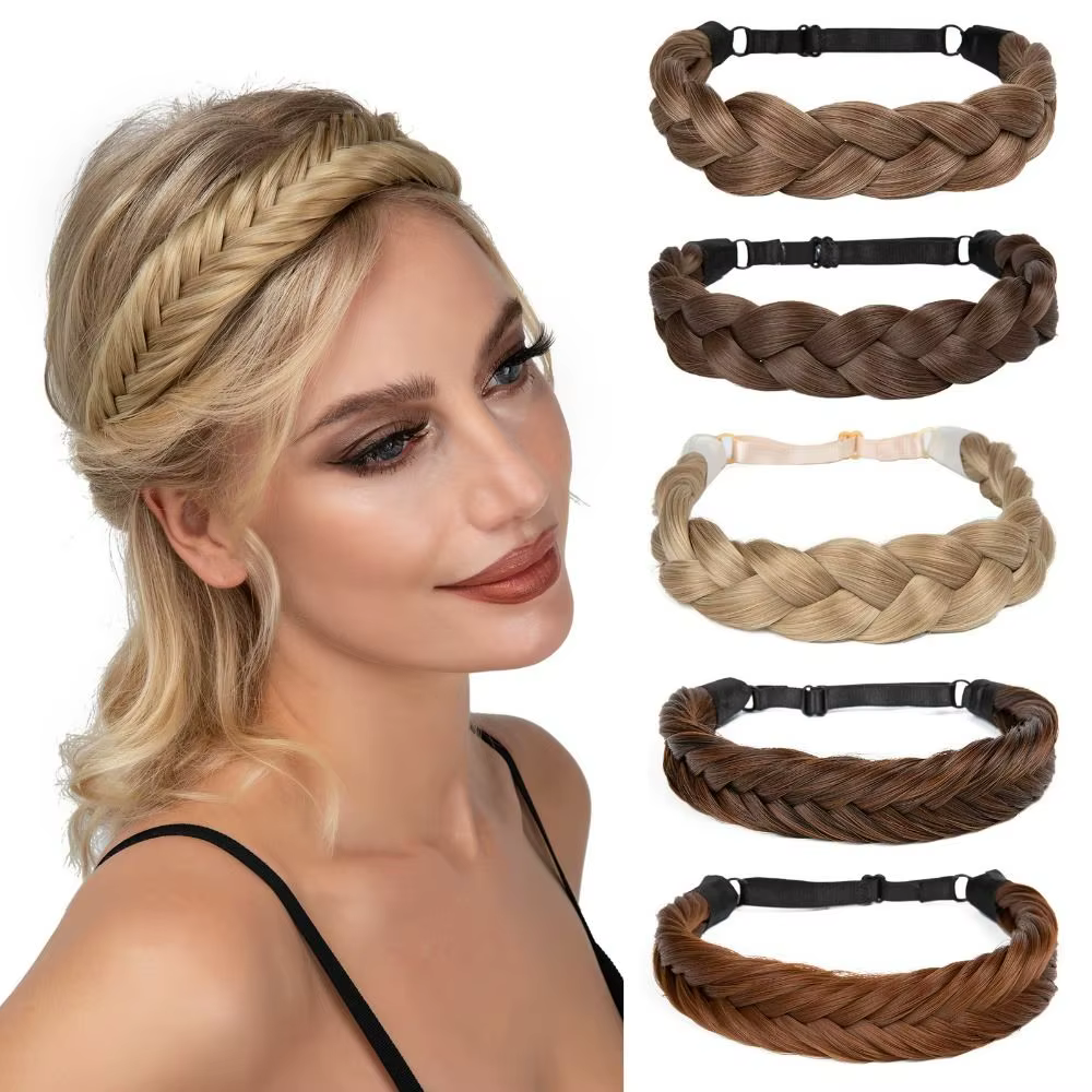 Bandeau de cheveux tressé réglable, Extensions de chignon synthétiques extensibles doré/marron/noir, élastiques antidérapantes