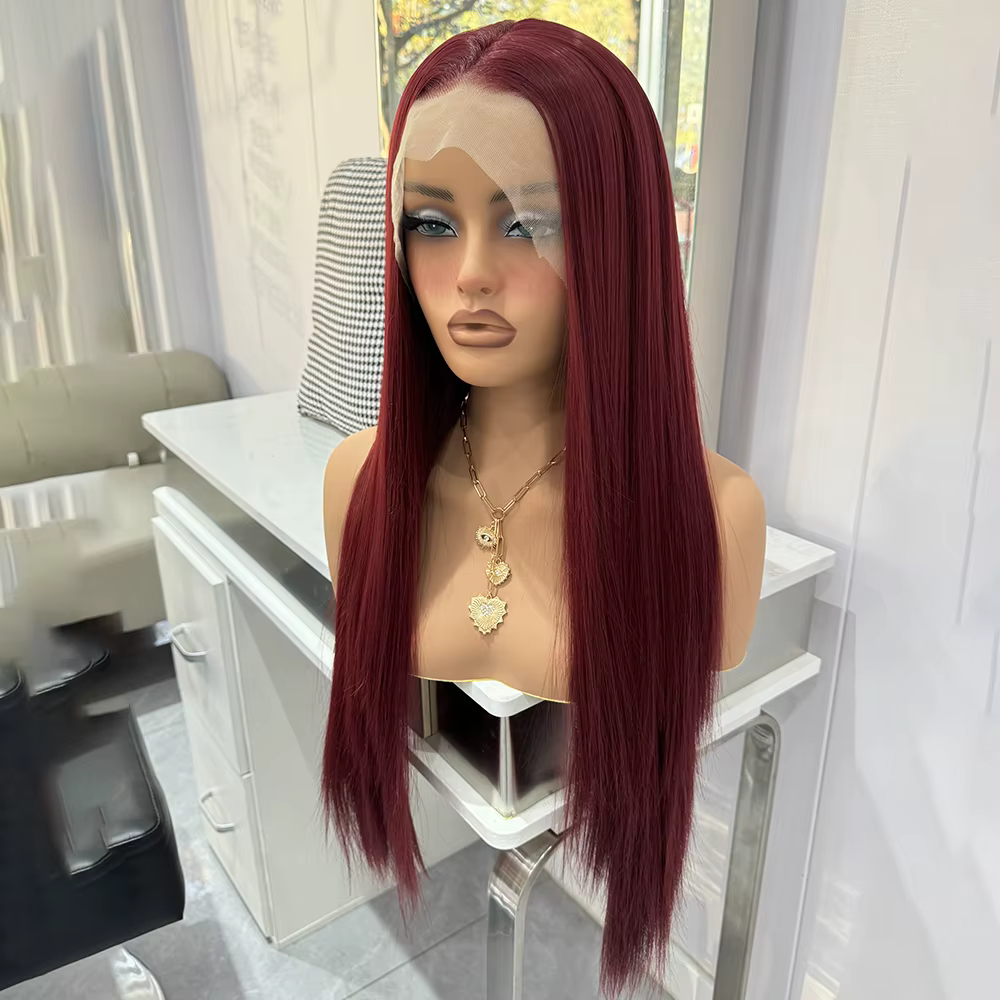 Perruque Synthétique Lisse Rouge Vin pour Femme