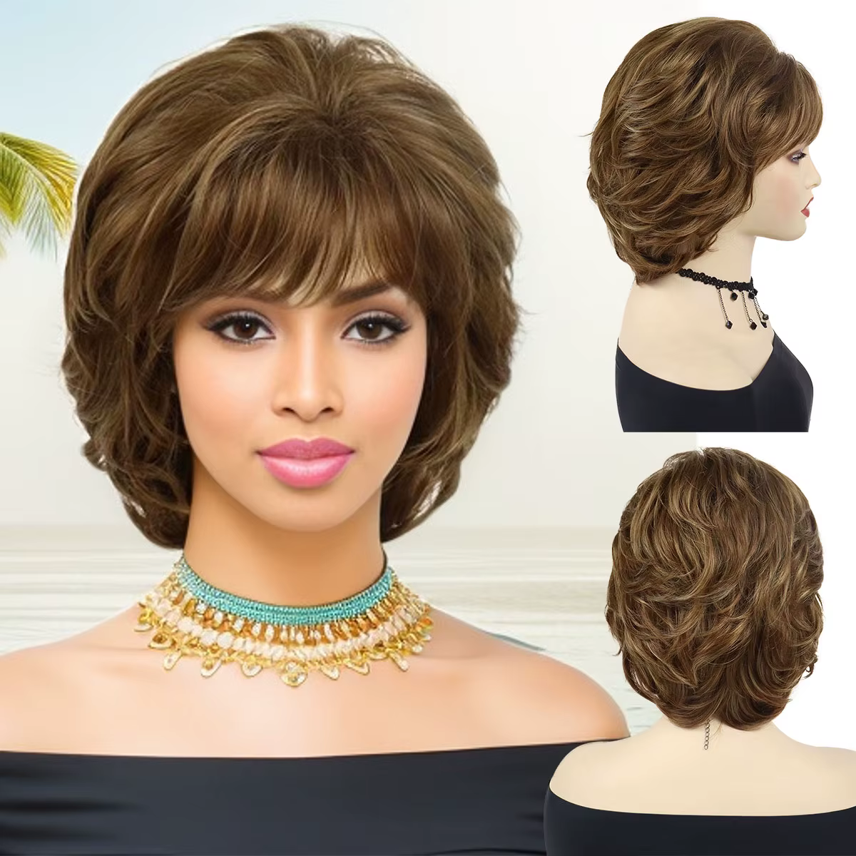 GNIMEGIL perruques synthétiques pour femmes perruque courte bouclée naturelle avec frange brun mélange