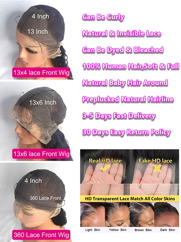 Perruques Lace Front HD transparentes 13x4 13x6 360 de 30 à 40 pouces