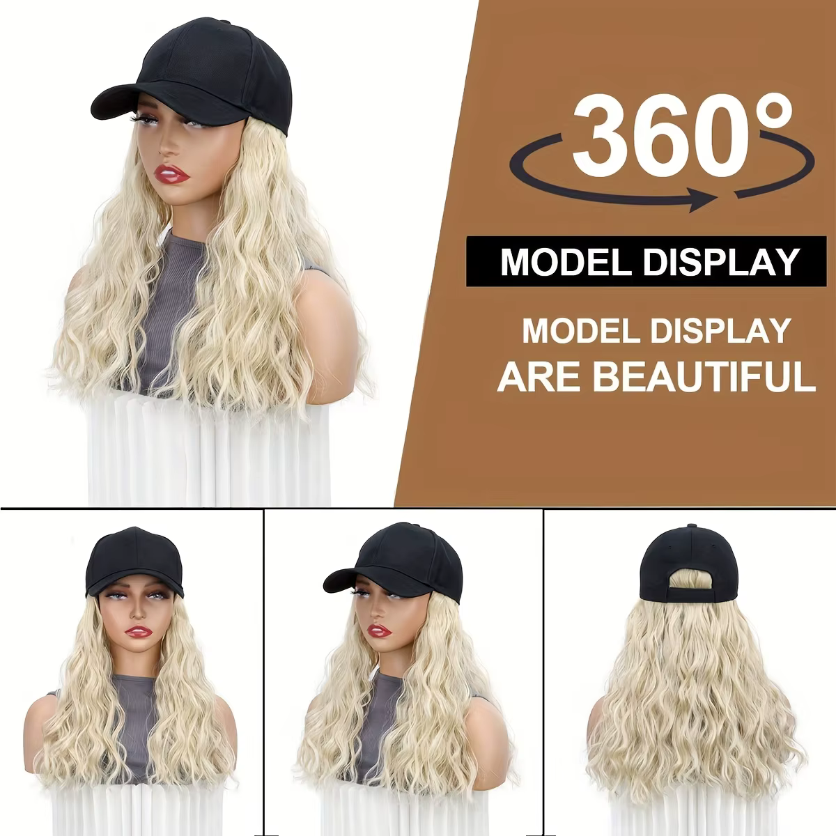 Perruque casquette de baseball en fibres synthétiques avec extensions de cheveux bouclés
