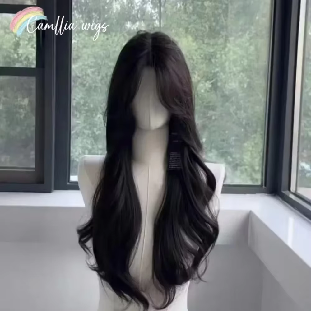 Perruque noire longue ondulée cheveux naturels perruques synthétiques pour femmes 24 pouces haute qualité résistance à