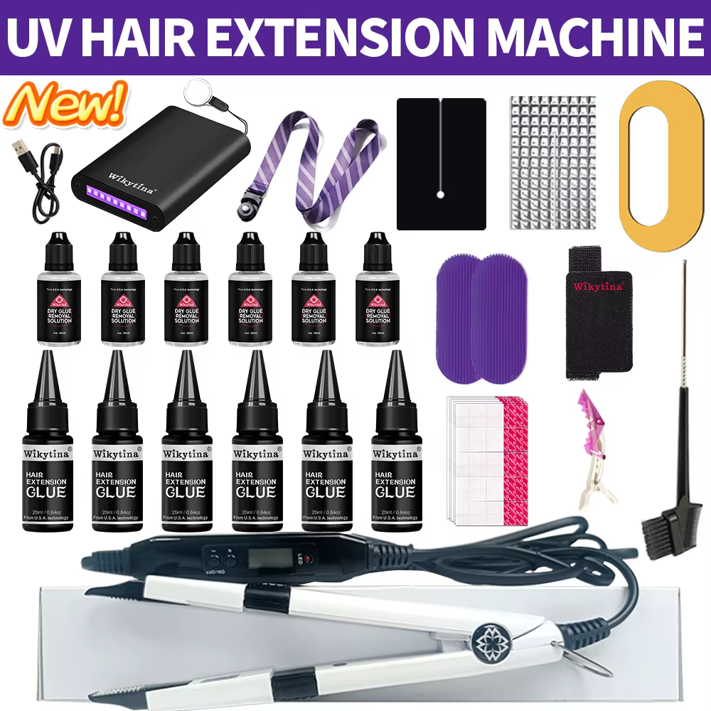 Kit d'extensions de cheveux légers en V avec colle à lumière UV et machine d'extension