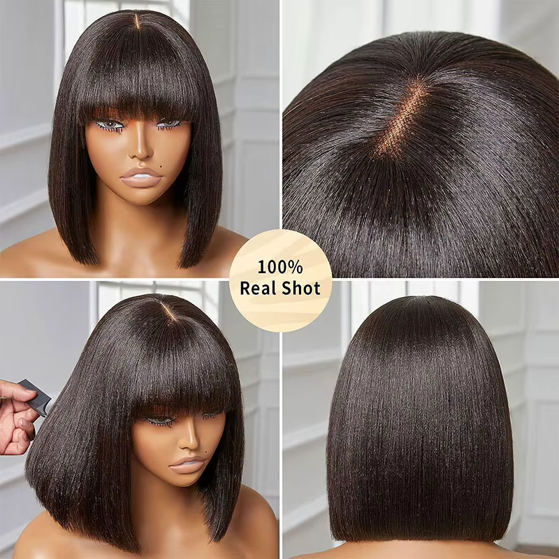 Perruque Bob droite bon marché avec frange 14 pouces cheveux humains brésiliens