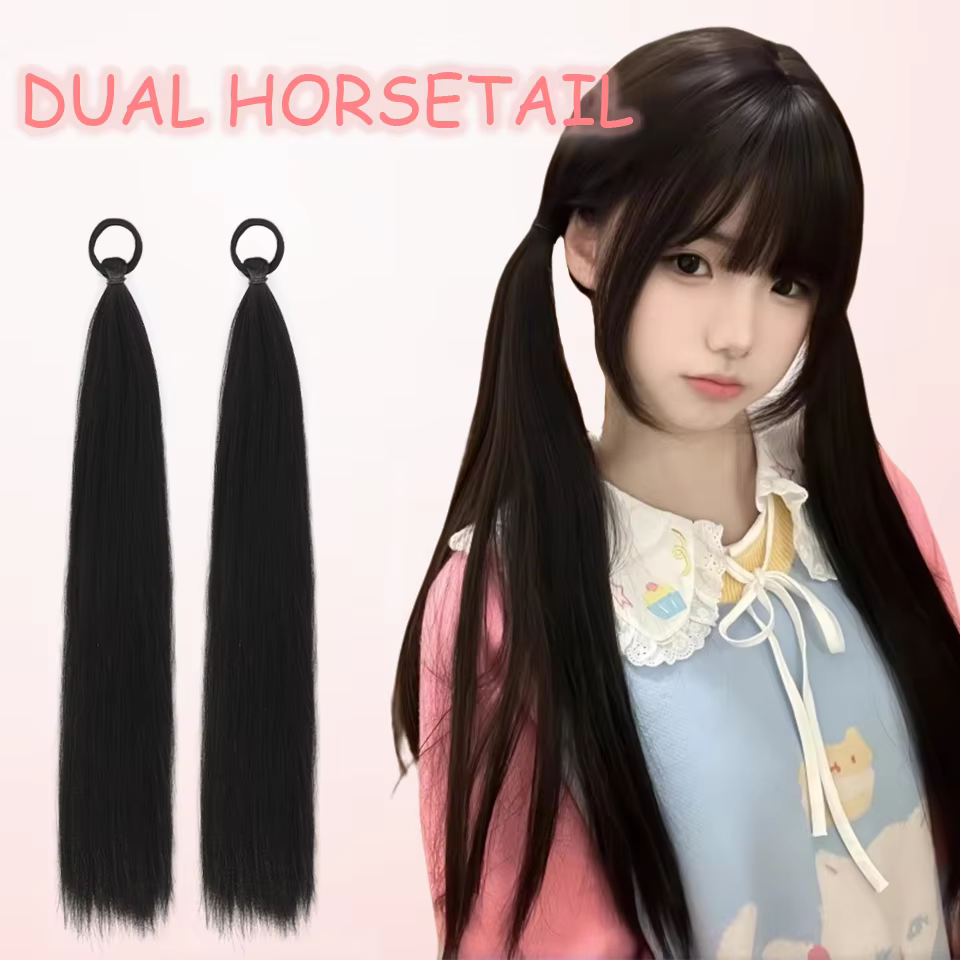 LUPU Lot de 2 extensions de queue de cheval synthétiques noires avec cravate élastique