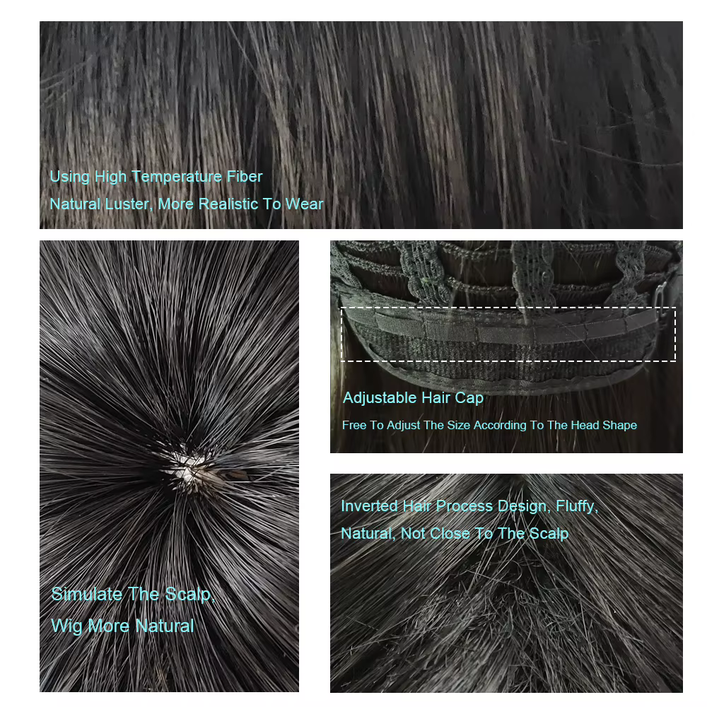 Perruque synthétique courte et lisse noire avec frange pour hommes