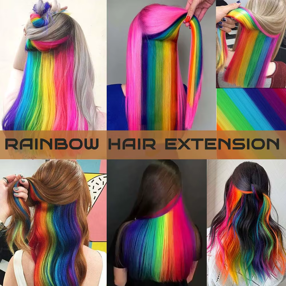 Extensions capillaires synthétiques longues à clips arc-en-ciel de 22 pouces