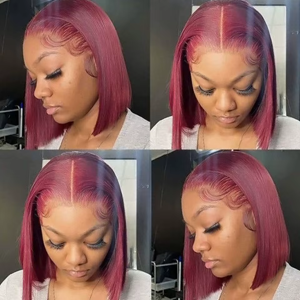 Perruque courte bob transparente HD bordeaux 99J en cheveux humains, avec mèches lisses brésiliennes, perruque frontale en dentelle 13x6x2 pré-épilée pour femmes