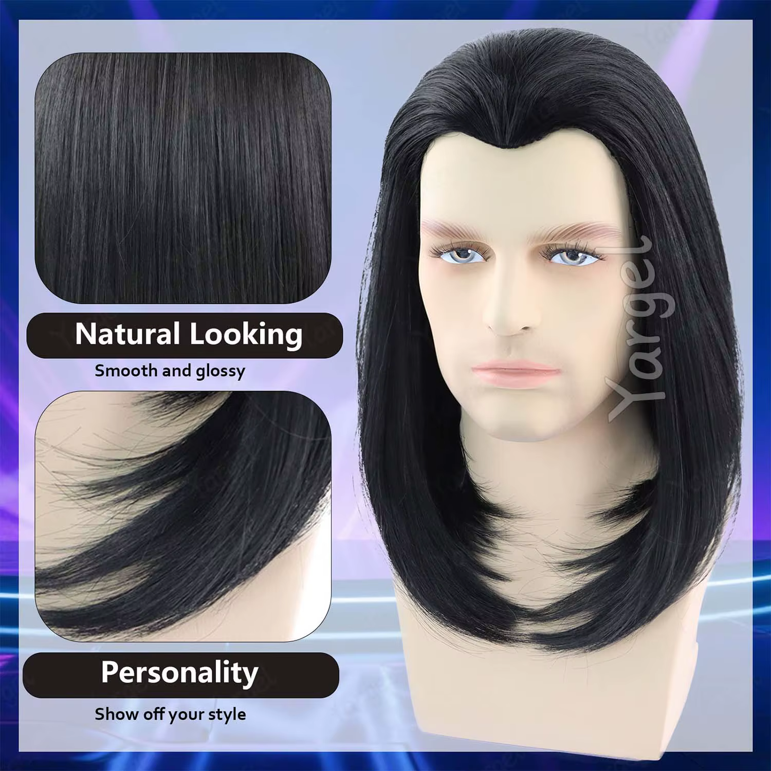 Perruque synthétique noire Hitman pour hommes