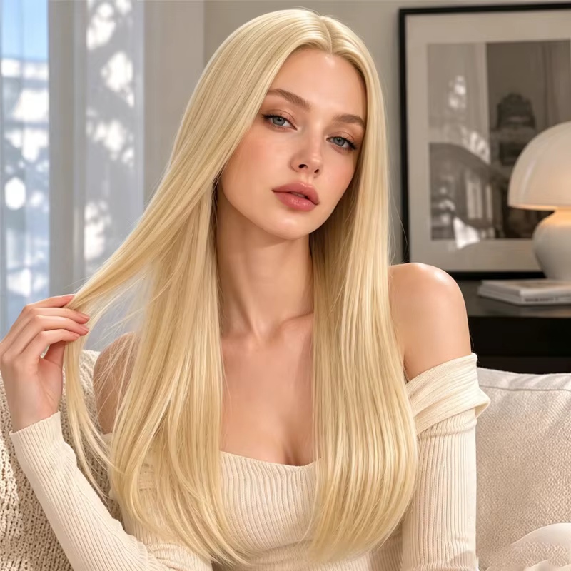 Perruque synthétique blonde droite de 28 pouces de long