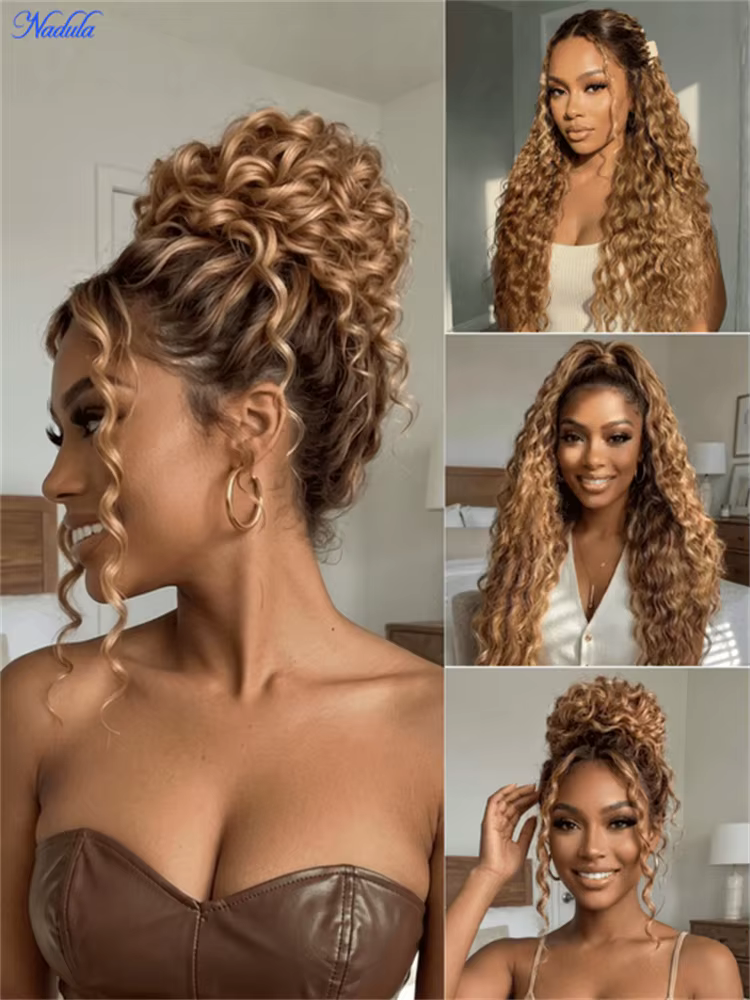 Nadula 13x4 Pré-Assemblé ™ Perruque Lace Frontale Cheveux Humains Blondes avec Mèches Ondulées Effet Vague Pré-coupée