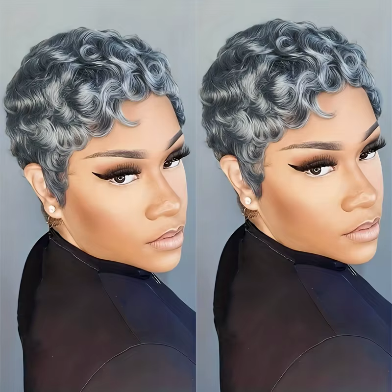 Perruque de cheveux humains 6 pouces gris naturel avec boucles lâches densité 180 %