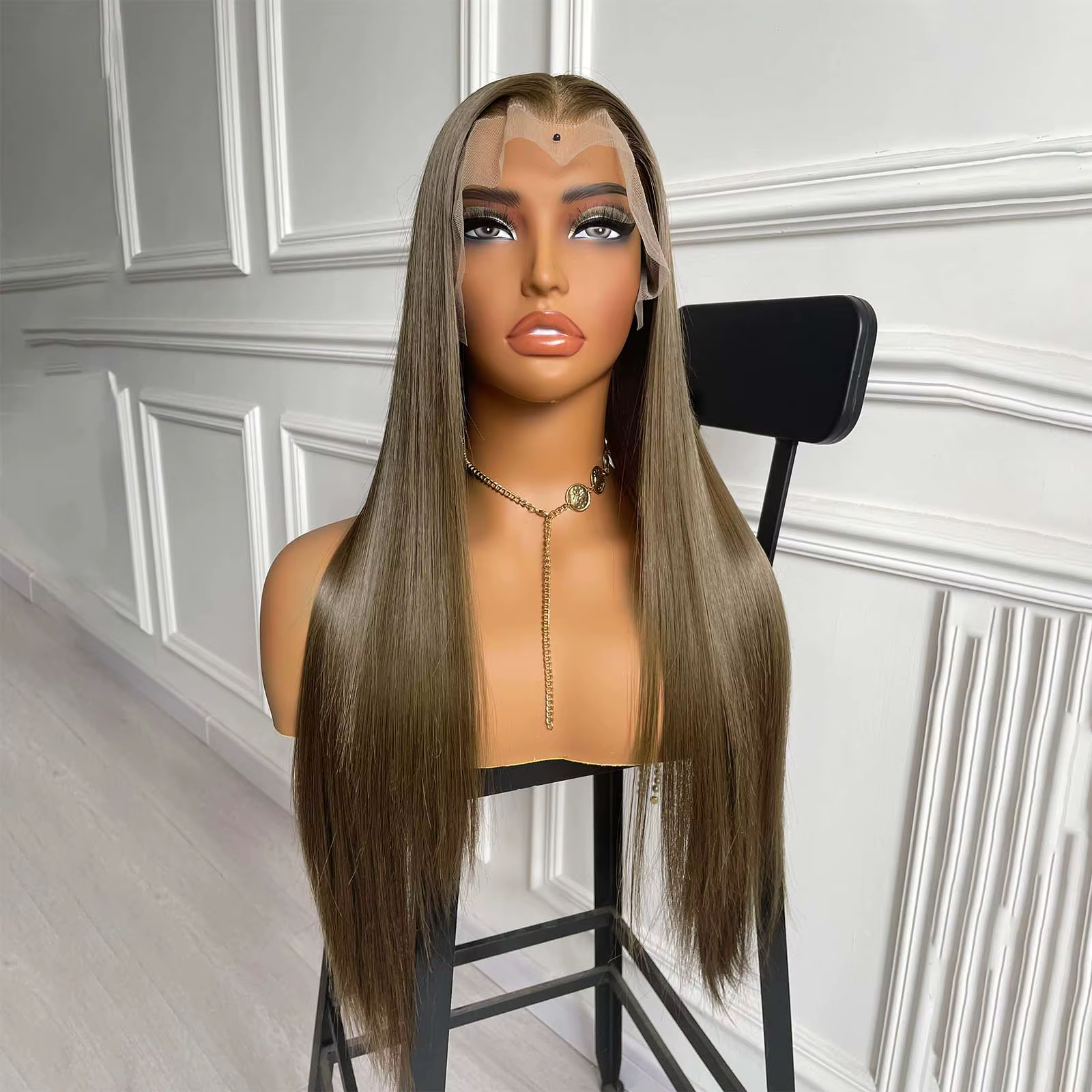 Perruque Lace Front Wig synthétique lisse et longue brune 13x4