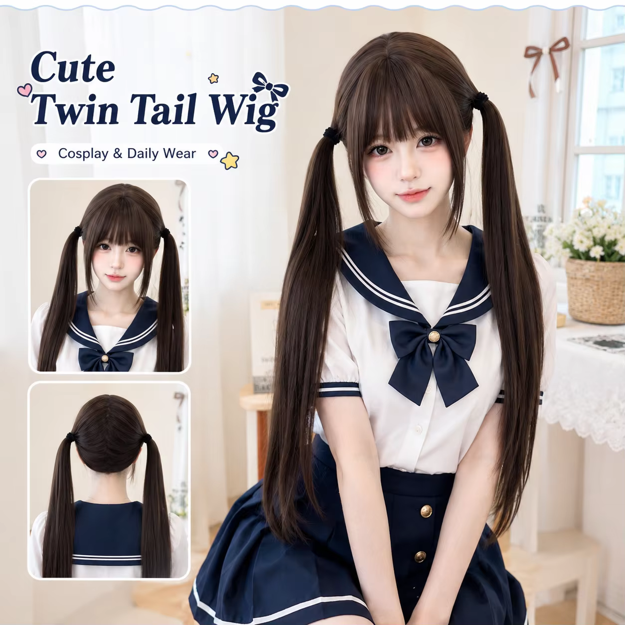 Perruque double queue de cheval longue et droite style High Tie Lolita Shao Luo JK pour filles