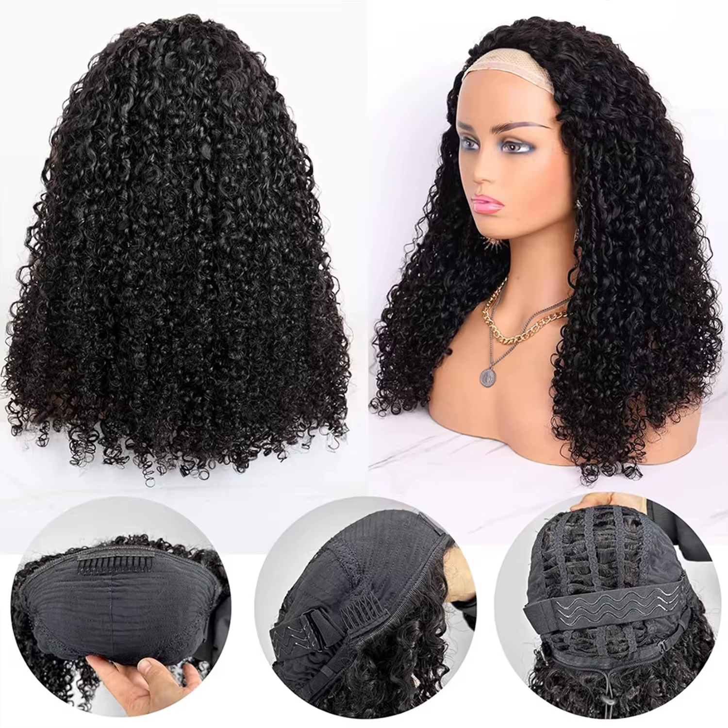 Demi-perruque cheveux humains crépus bouclés 3 en 1