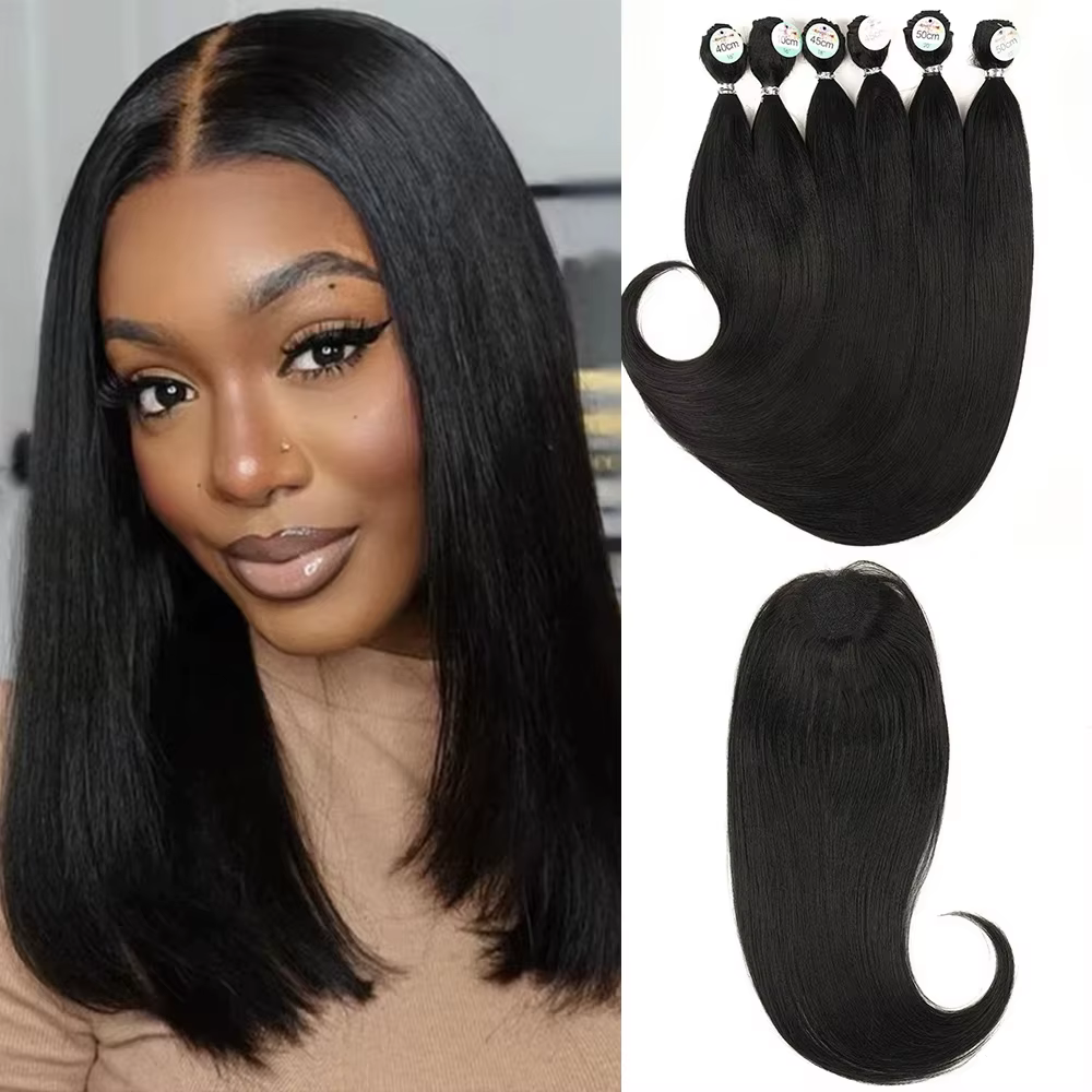 Extensions de cheveux synthétiques lisses et bouclés noirs