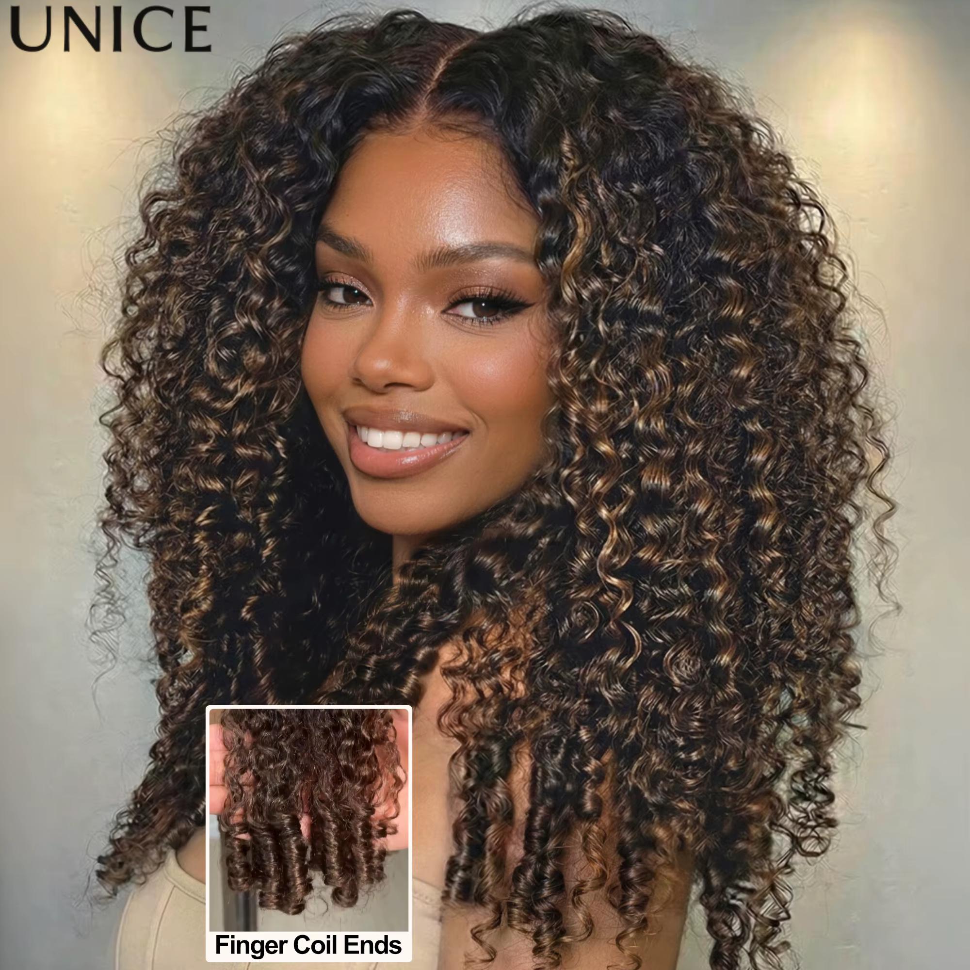 UNice cheveux châtain brun ombré crépus bouclés demi perruques avec bords 4C et cordon invisible 100%