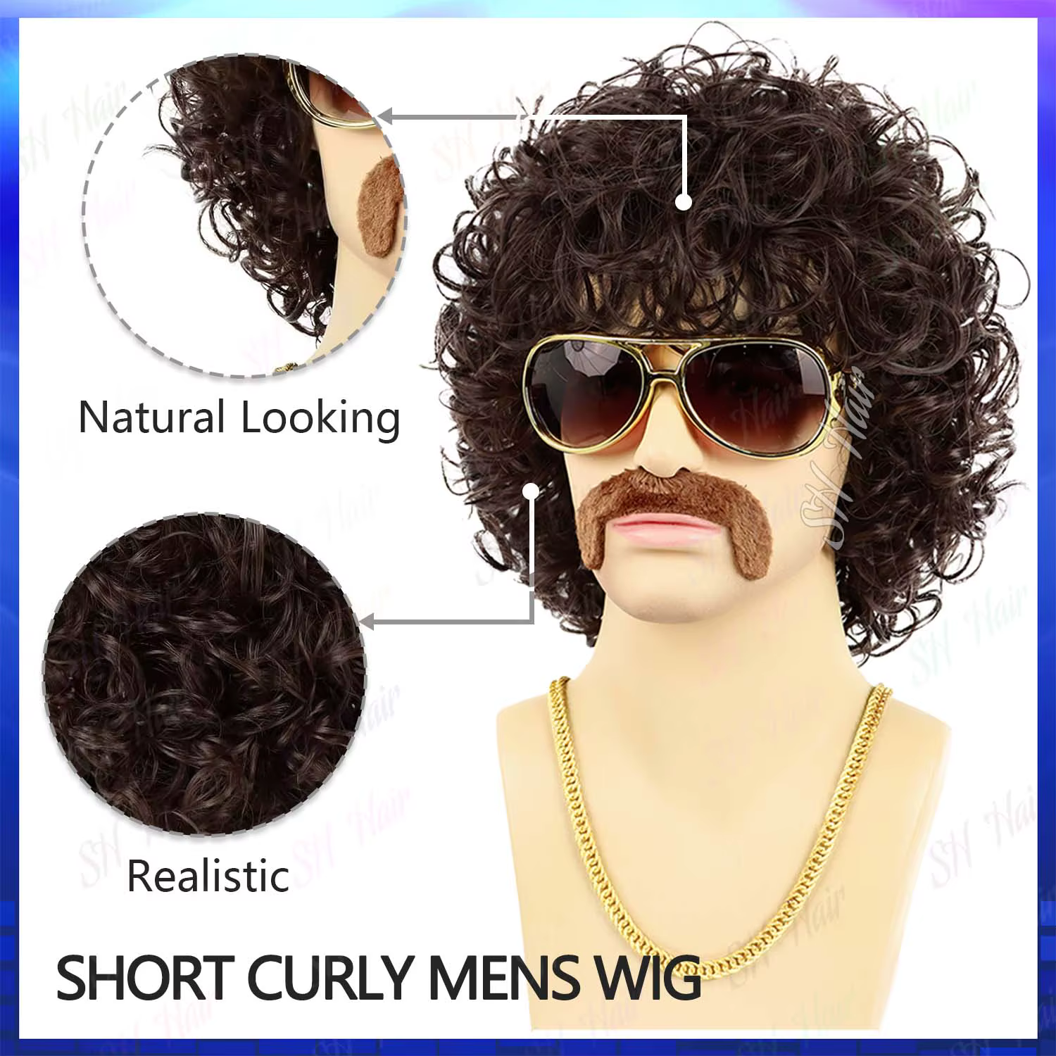 Synthétique Marron | Perruque afro bouclée noire + lunettes + collier + moustache