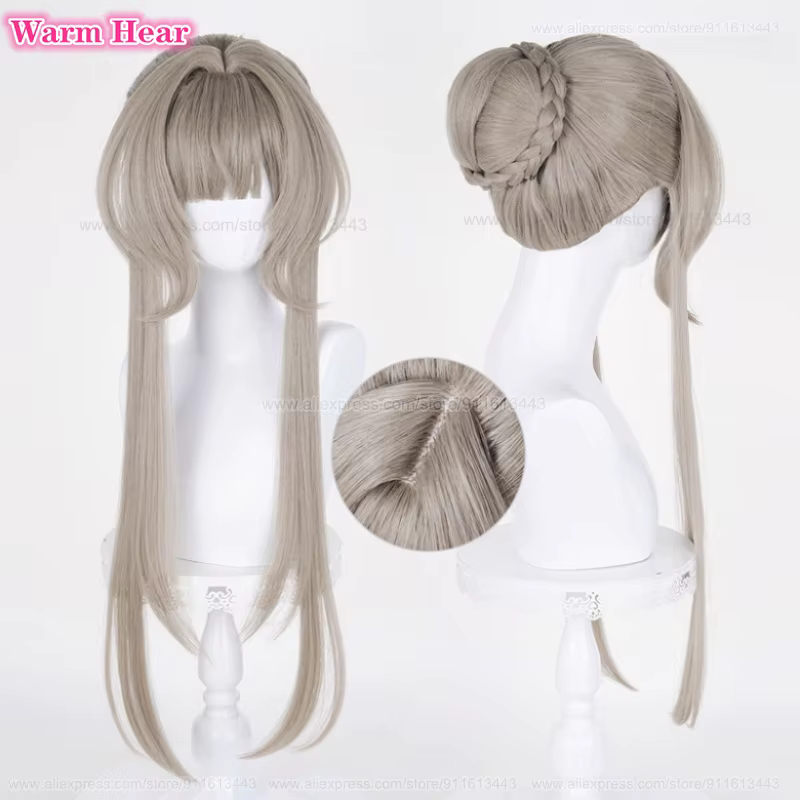 Nouveau! Jeu Sandrone longue 75 cm marron chaud avec chignon Cosplay Anime perruque Marionnette résistant à la chaleur cheveux synthétiques Halloween fête perruques