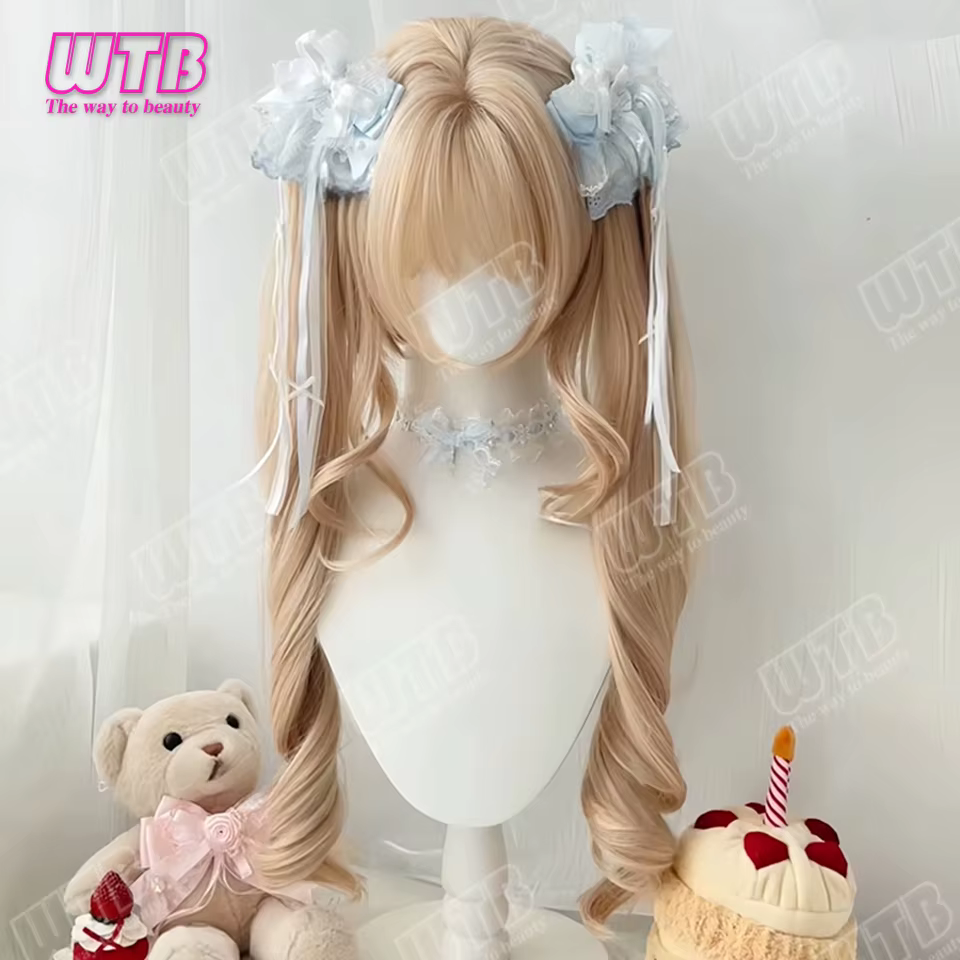 WTB Perruque synthétique Lolita avec deux queues de cheval et frange