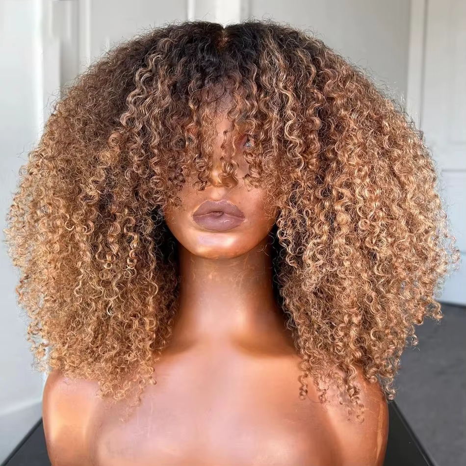 Blonde Afro crépus bouclés Bob perruque cheveux humains fait à la Machine sans colle perruque avec frange brésilienne Ombre Blonde courte Bob perruques cheveux humains